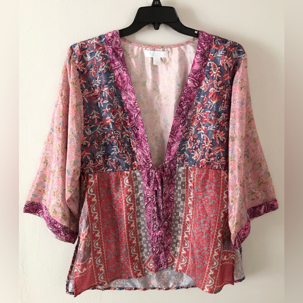 Boho Floral Patchwork V-Neck Satin Kimono Top Hippie Vacation